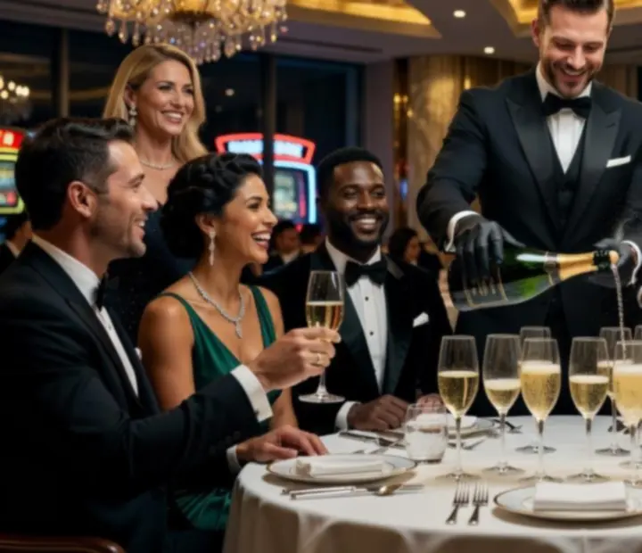 Čaše šampanjca nazdravljaju u elegantnom noćnom ambijentu