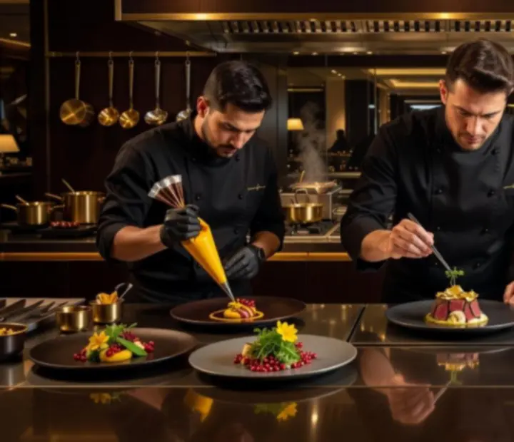 Chef i tim u otvorenoj kuhinji pripremaju kreativna degustacijska jela