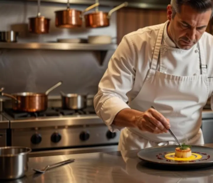 Chef u pokretu dok priprema sofisticirano jelo u otvorenoj kuhinji