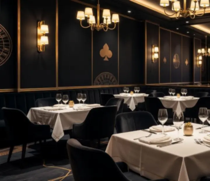 Noćni ambijent luksuznog restorana unutar casino prostora s elegantnim osvjetljenjem