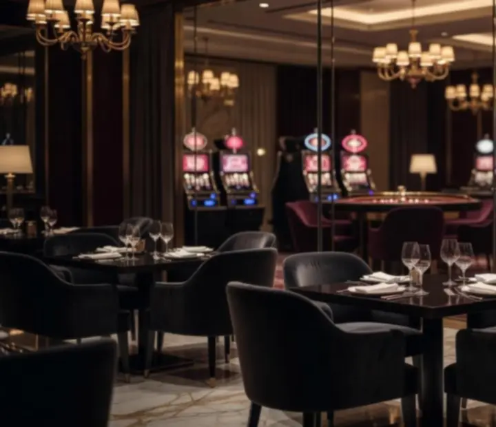 Pogled iz restorana prema luksuzno uređenom casino prostoru iza staklene pregrade