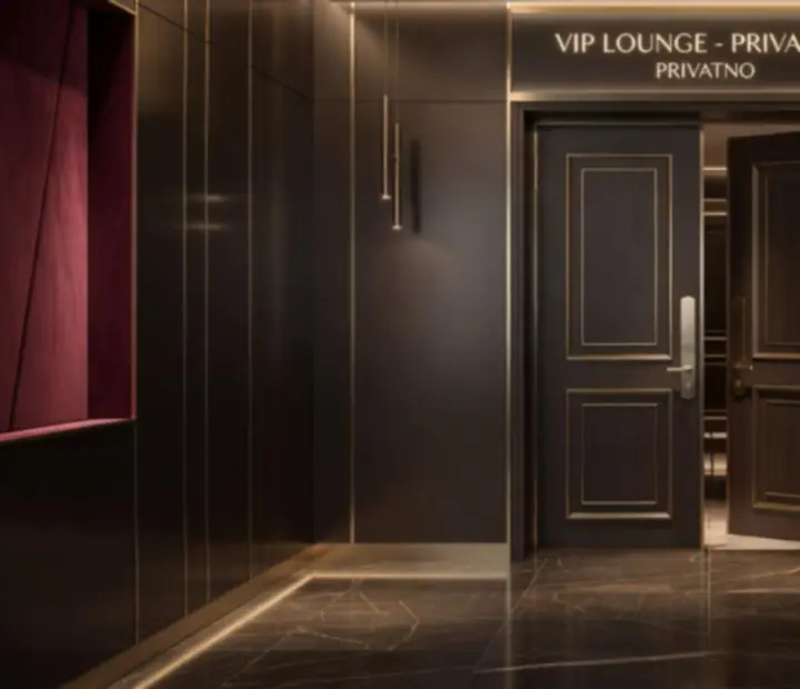 Ulaz u privatni VIP lounge s ambijentalnim svjetlom u Novoj Valuti